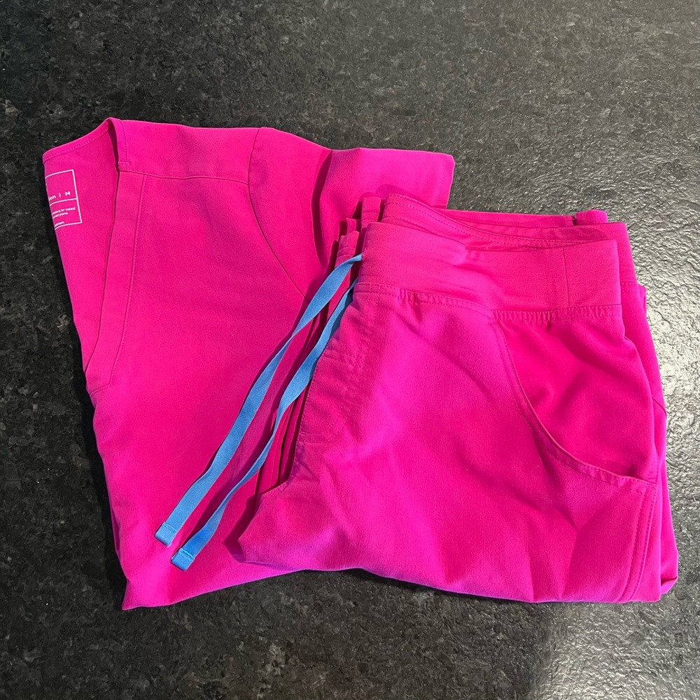 Figs Women's Scrub Pants in Bright Pink with Blue Accents